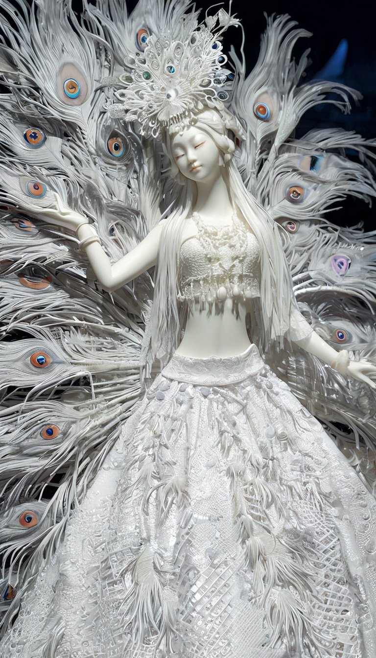 dehuabaici, closed eyes, white hair, long hair, young woman skin made of porcelain ,miaoyuansu, miao5, exquisite facial features,hair ornament, hat, bracelet, necklace, dancing, belt, upper body, bare shoulders, night, starry sky, moon, ray tracing,colorful,fireflies,  feathers, peacock feathers, peacock, peacock fanning out its tail in a splash of colours, cold theme, Miao outfit, meticulous silver headdress, an array of ornate jewelry adorned with silver coins, neon lighting, Scenes from dreams, beautiful scenes, dreamy beautiful forests, glowing beautiful plants, white long hair fluttering in the wind, fluorescent liquid splashing from the edge of the skirt, scatteringbacklighting, low angle shot, from below, wide shot, soft,stunning colors,light particles,<lora:dehuabaiciSDXL-000011:0.9> <lora:miaoyuansuSDXL-000009:0.4>