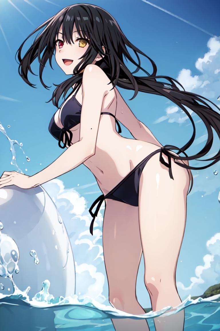 1girl, solo, cowboy shot, from below, floating, midriff, flying, <lora:aki:0.8>,  tokisaki kurumi,black hair,  heterochromia, long hair, low twintails, twintails,medium breasts, barefoot, feet, foot focus, bikini, side-tie bikini bottom, looking at viewer, smile, open mouth, outdoors,  beach, ocean, sand, water splash,, weird atmosphere, (best quality:1.1), (masterpiece:1.2), high quality shadow, beautiful detailed, (high detailed skin, skin details), (wide_landscape, 8k), beautiful face, detailed eyes, depth of field, dramatic light, best quality, highres, best shadow, best illumination,