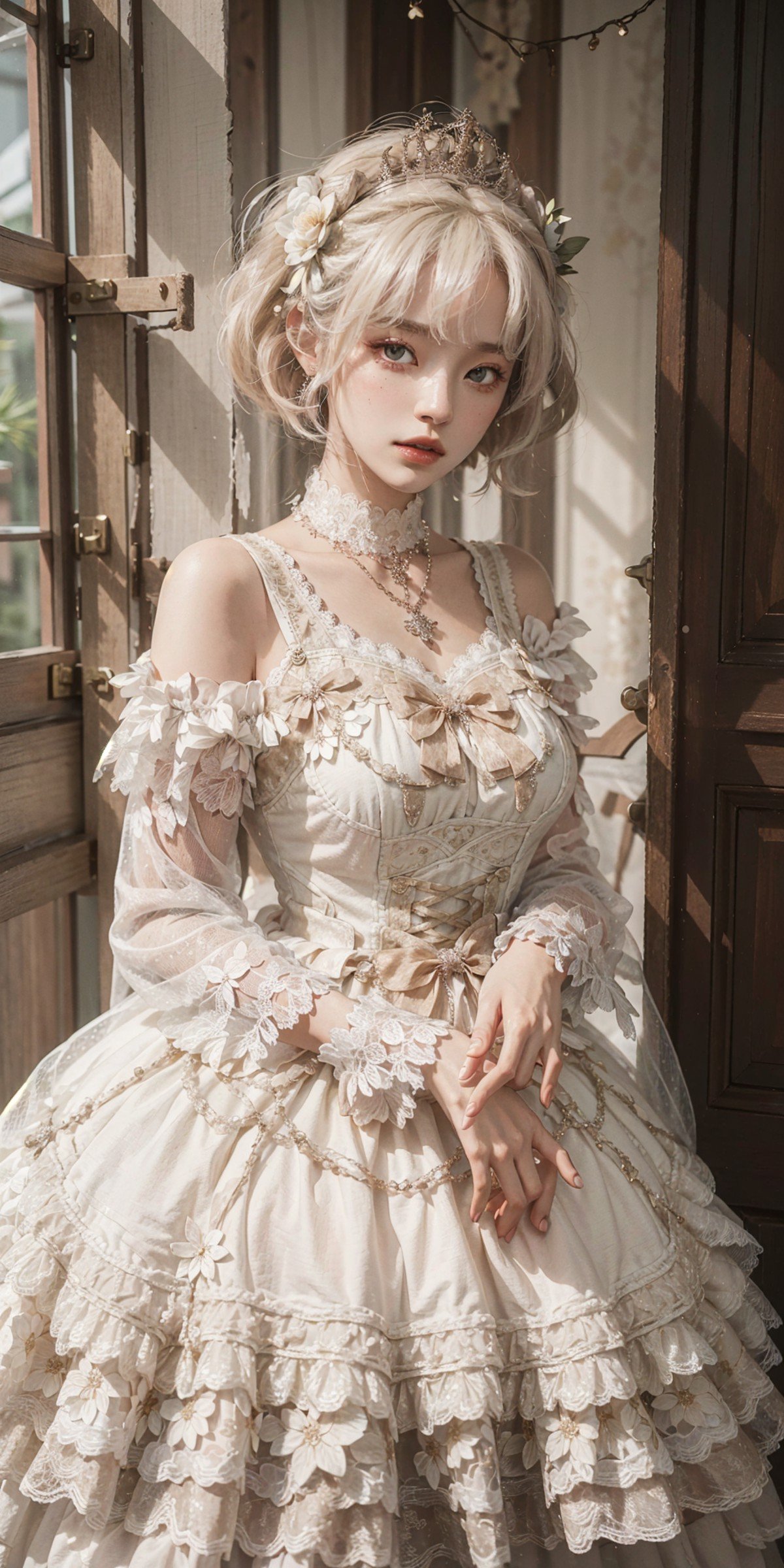 ((in doors, in school)),1girl,platinum blonde hair,  dress, byrs, solo,veil, white dress, necklace, full body, flower, frills, standing, frilled dress, white flower, jewelry, lace wrist, Masterpiece:1.4), (Realisitc:1.2), (Absurdres:1.2), Ultra-Detailed, beautiful face, beautiful detailed eyes, (Realism:1.2), (photorealistic:1.3), Soft Lighting, Best Quality, 4K