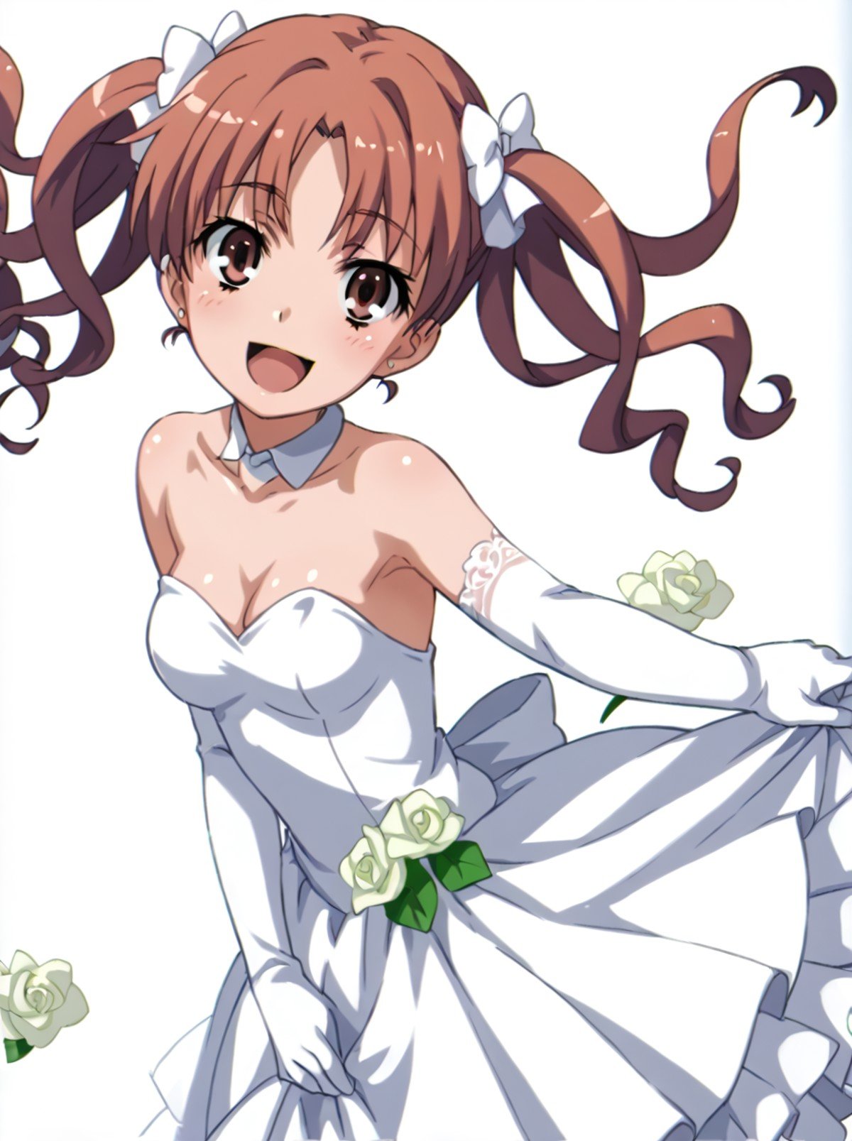 score 9, score 8 up, score 7 up, detailed background, shiny skin, rating safe, <lora:kuroko.pony:1>,kuroko, other,  medium breasts, wedding dress, holding skirts, turning around, happy, 