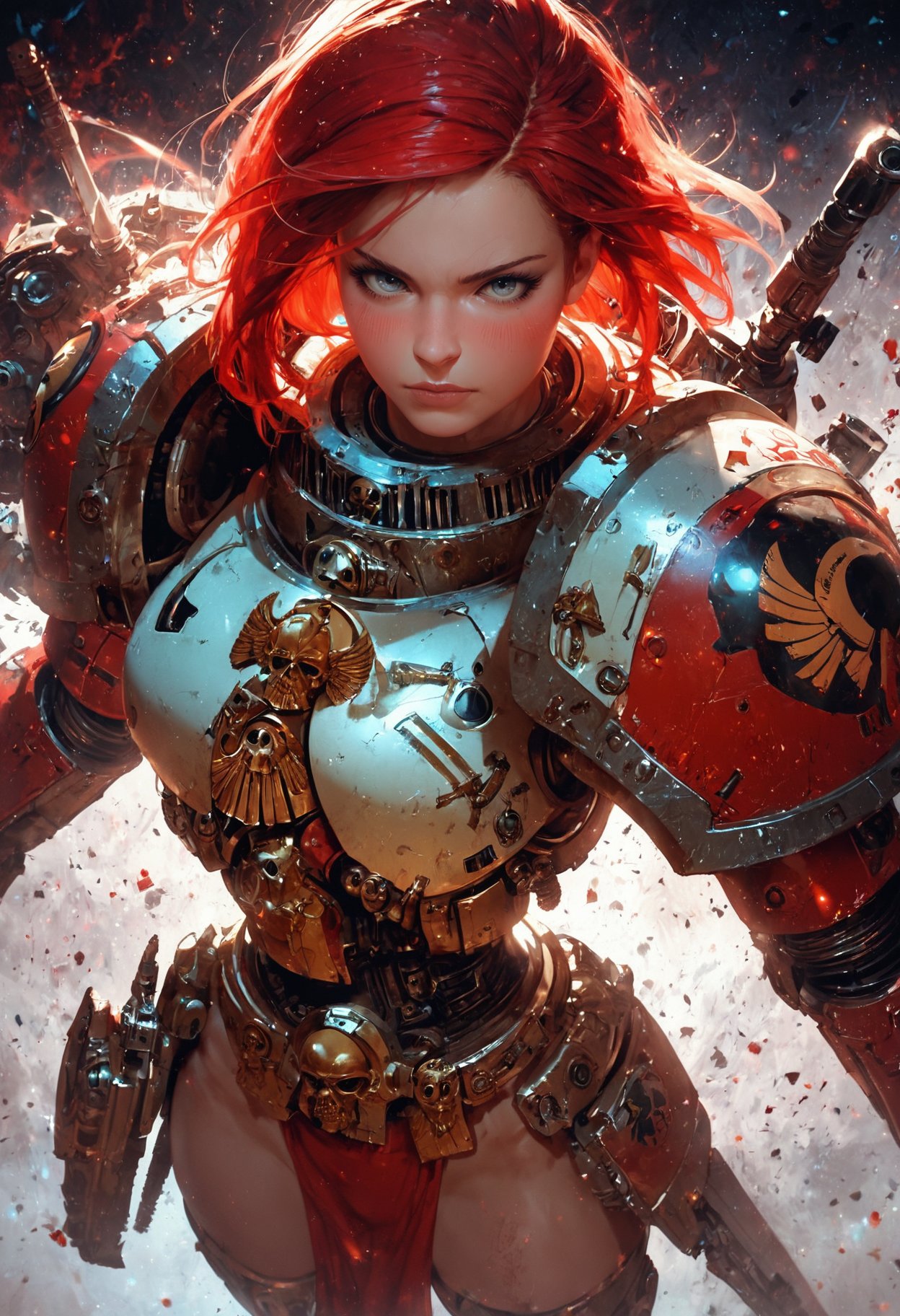 (score_9, score_8_up), score_7_up, zPDXL, solo,  <lora:MythAnim3Style:0.8>, MythAn1m3, source_anime, dynamic angle, from above, realistic, female space marine, red hair, armored, pelvic curtain, thighs, warhammer 40k, beautiful eyes, blush, looking at viewer, bright particles, darkness, bright red particles, black theme, detailed background