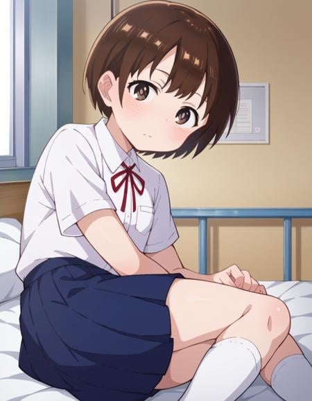 score_9, score_8_up, score_7_up, source_anime,chihirokobayashi, <lora:chihiro-kobayashi-s2-ponyxl-lora-nochekaiser:1>,chihiro kobayashi, short hair, brown hair, brown eyes,skirt, shirt, school uniform, pleated skirt, socks, white socks, white shirt, collared shirt, ribbon, red ribbon, short sleeves,indoors, bed, bed room, on side, blush, drunk,looking at viewer, cowboy shot, dutch angle,