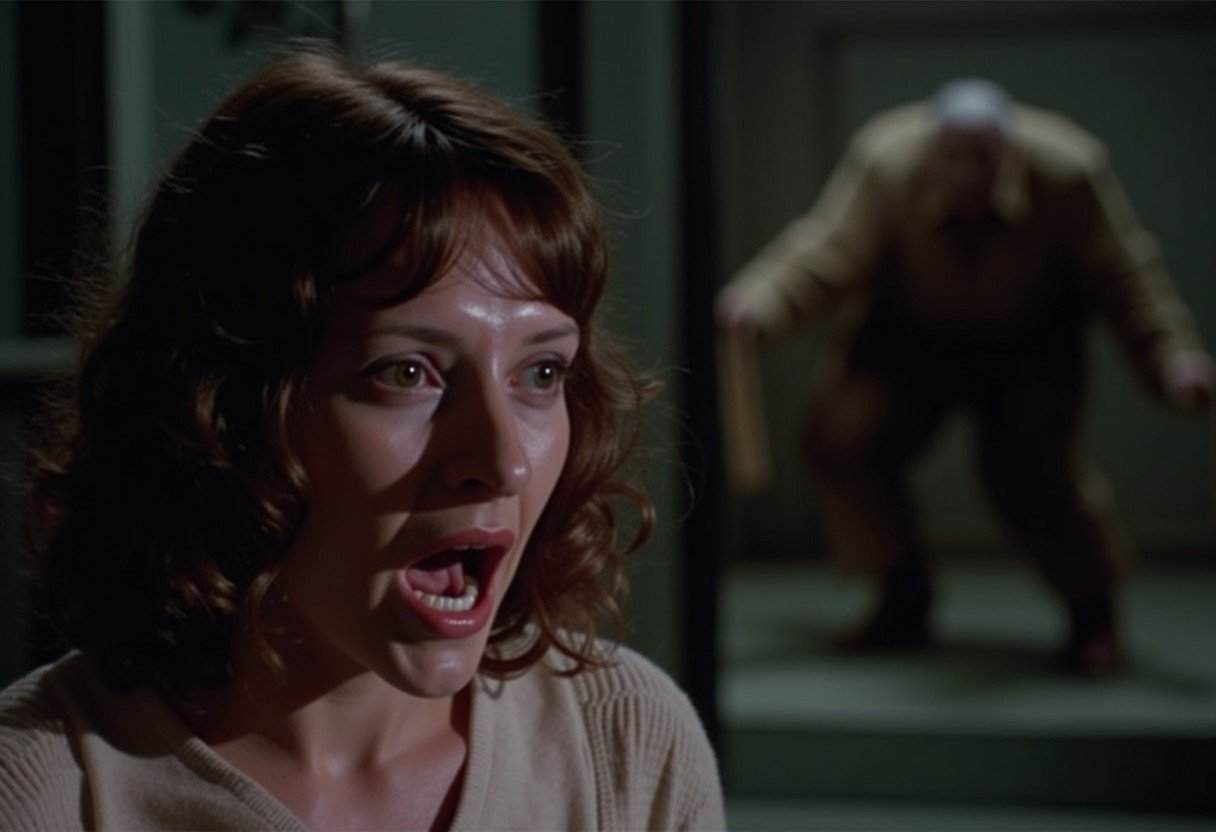 80horror terrifying scene, screaming woman, monster in background