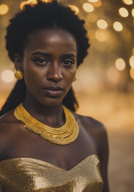 Highly detailed, Female focus, cinematic portrait, beautiful black african woman, neon make up, small breasts, gold jewellery, looking in the distance, bokeh, depth of field, velvia, retro, 4K, desert