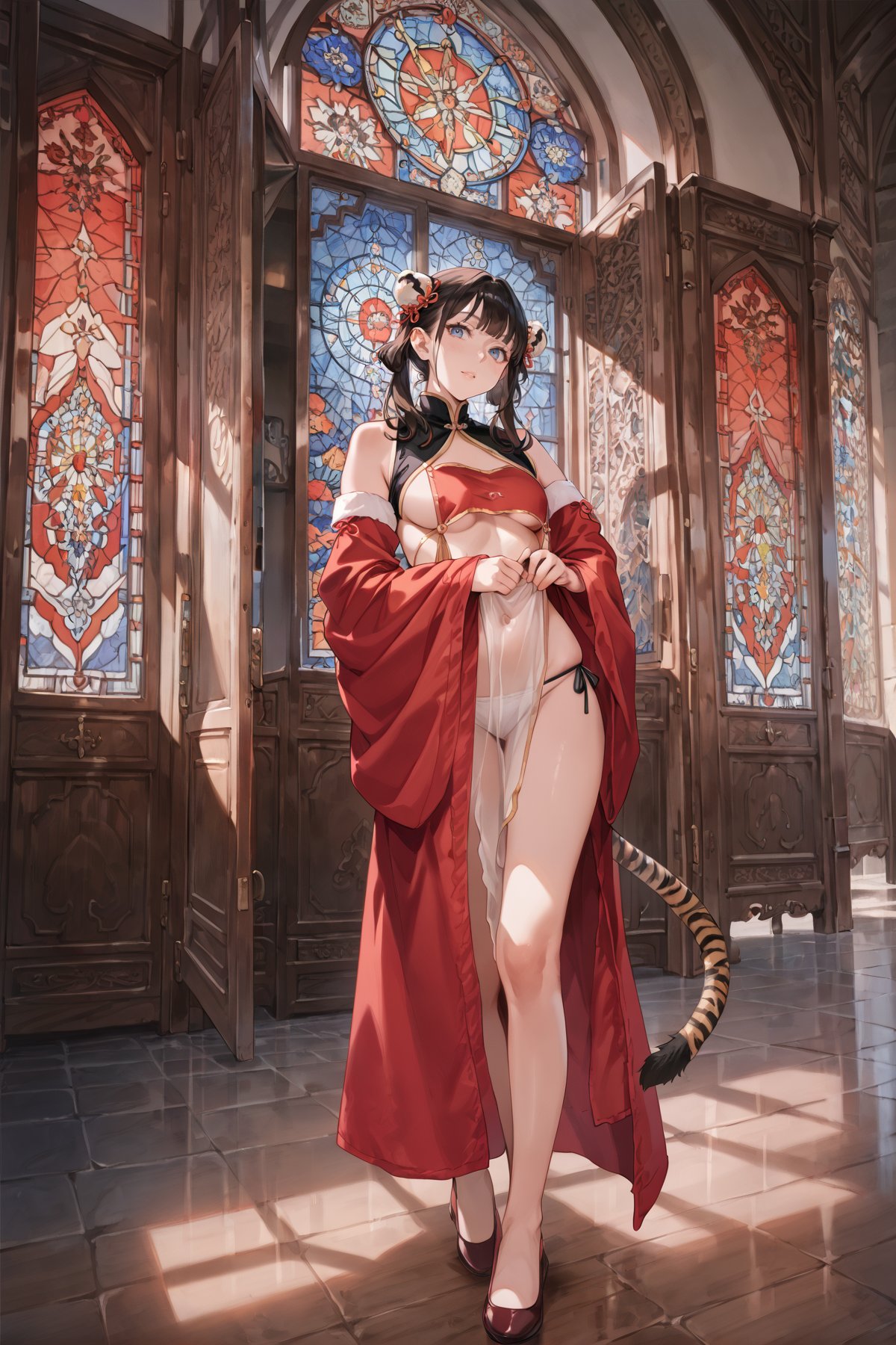 <lora:kk_sexydress_set25:0.7>,score_9,score_8_up,score_7_up,kk_sexydress_set25,1girl,solo,double bun,underboob,chinese clothes,see-through chest,red dress,side-tie panties,detached sleeves,tiger tail,looking at viewer,Standing in a doorway, wearing a flowing dress,( Medieval cathedral, stained glass, tall arches, chandeliers, gargoyles, dimly lit, majestic atmosphere ),full body,dutch angle,