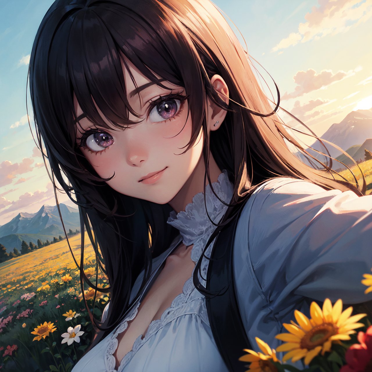 (pixiv), (anime style:1.331), masterpiece, best quality, highly detailed, absurdres, illustration, official art, 1girl, solo, mature female, big breasts, hazel eyes, long eyelashes, brunette, long hair, frilly dress, smile, upper body portrait, wide angle, bright, sunny, sky, wide grasslands, flowers, mountain range, scenery, vivid color, perfect light, perfect shadow