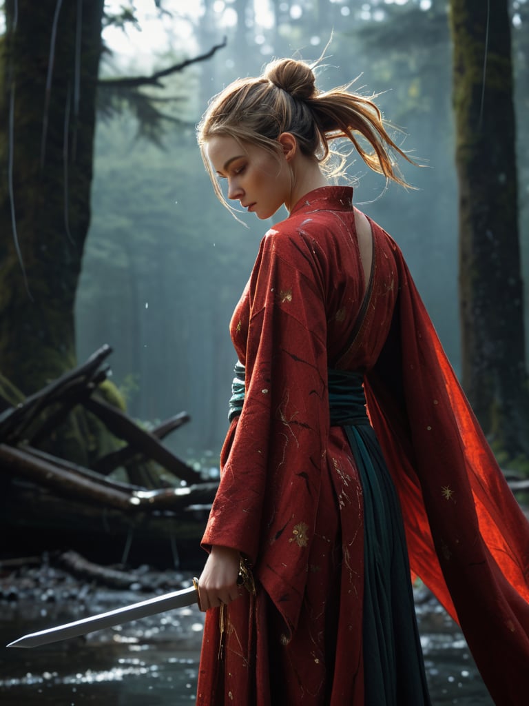 ultra high resolution,(((masterpiece))),(((best quality))),((super detailed)),((extremely delicate and beautiful)),cinematic light,detailed environment,(real),(1girl, solo, male focus:1.3),(holding sword:1.2),(dark red and light gold:1.3),(hair pulled back, floating hair:1.1),designed by greg manchess,smoke,a model woman,bright eyes,glossy lips,trending on art station,photoreal,8 k,octane render by greg rutkowski,art by Carne Griffiths and Wadim Kashin,in the style of Dau-al-Set,Pollock,and inspired by MAPPA and Zdzislaw Beksinski,hanfu,