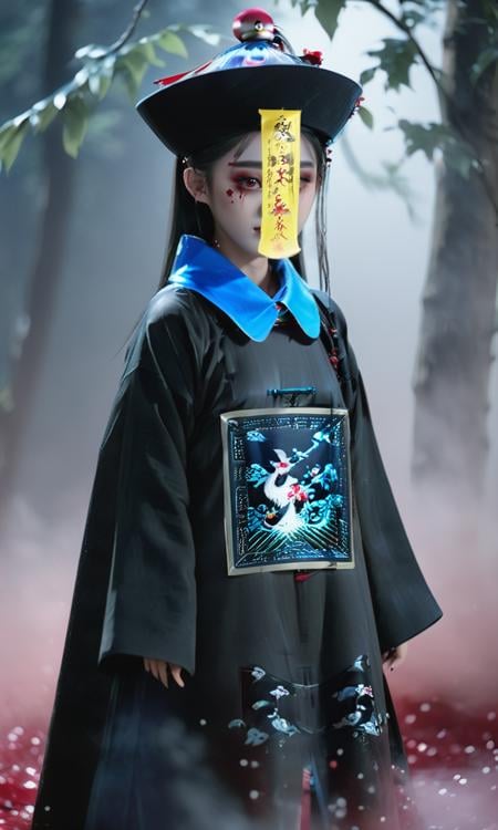 cinematic photo ((masterpiece)),((best quality)),8k,high detailed,ultra-detailed,intricate detail,full body, photography,((huangfu:2),huangfu paper,1girl, A cute girl in black nvjiang costume with huangfu paper in head,(blood-red eyes)),surrounded by swirling leaves and spectral mist,(foggy),<lora:QDjiangshi_YF:1>, . 35mm photograph, film, bokeh, professional, 4k, highly detailed