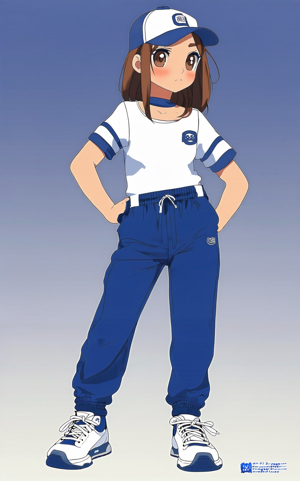 anime style, anime style, anime girl in blue and white outfit posing with her hands on her hips, wearing a baseball cap and blue jogging pants with white sneakers and a white t - shirt