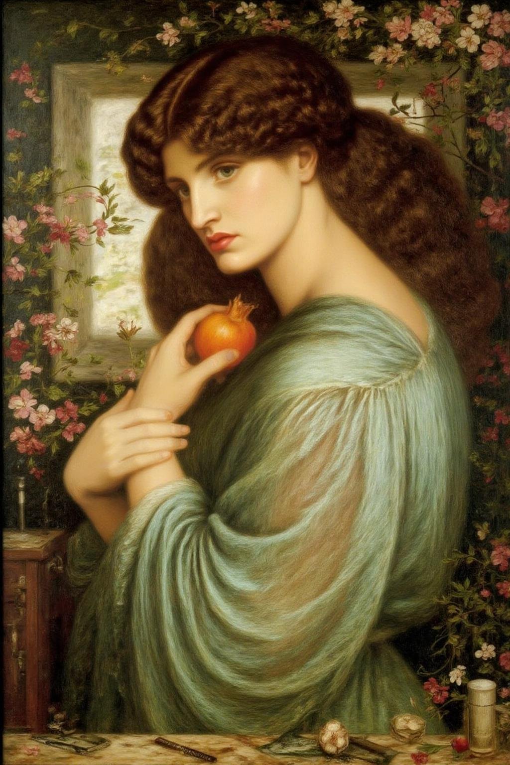 dgr painting.A woman with a melancholic expression,  gazing thoughtfully into the distance. She has long,  voluminous by N...