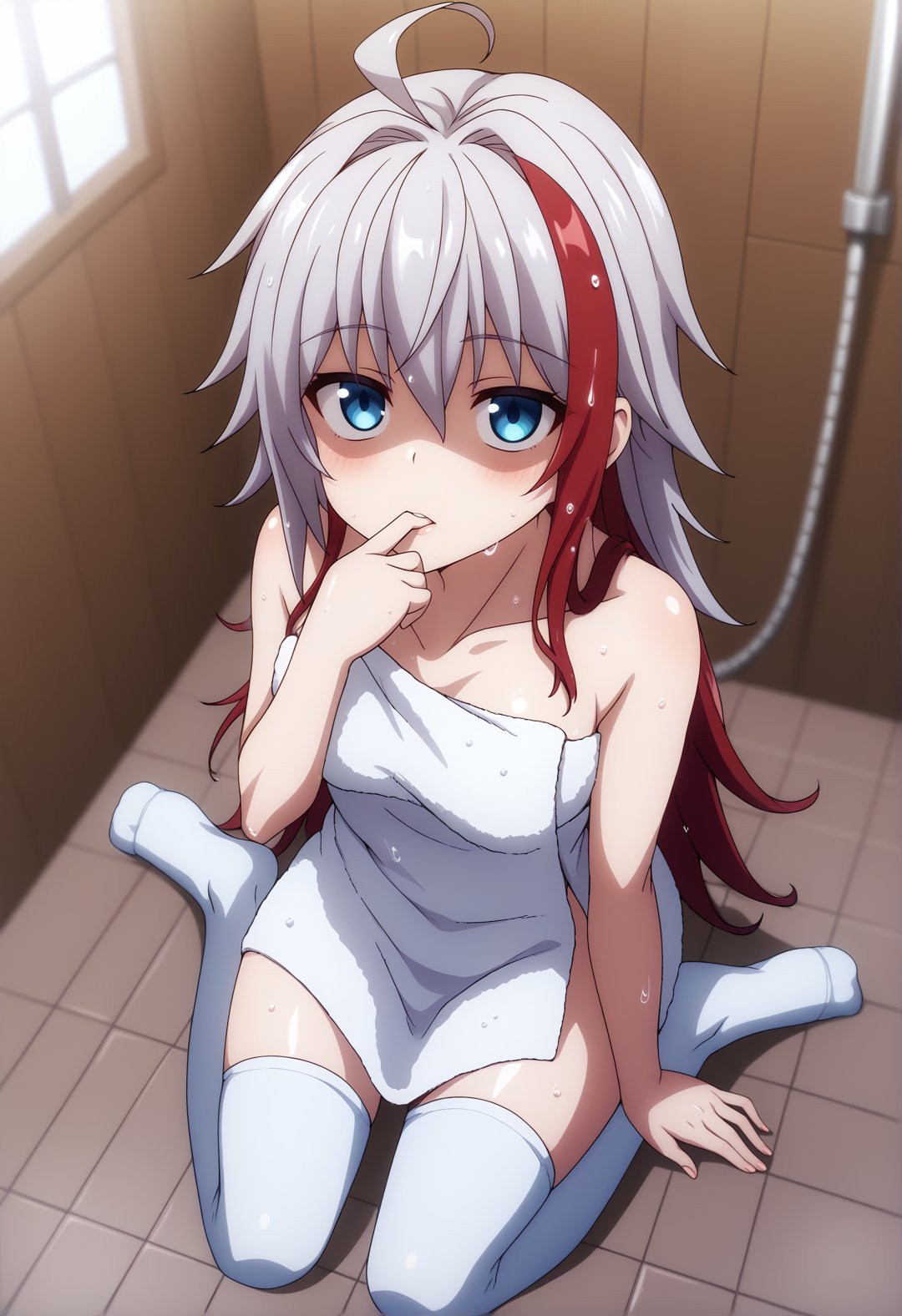 score_9, score_8_up, score_7_up, BREAK source_anime, 1girl, solo, blush, looking at viewer, hand on own mouth, parted lips, shaded face, half-closed eyes, silver hair, streaked hair, red hair, ahoge, long hair, one red hair ribbon, blue eyes, towel, white thighhighs, indoors, shower (place), sitting, kneeling, from above, looking up, wet hair, wet, dutch angle, full body