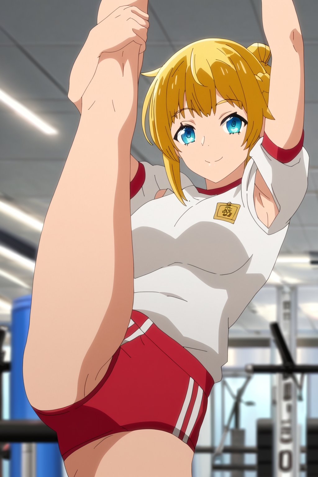 score_9, score_8_up, score_7_up, score_6_up, score_5_up, score_4_up, source_anime,ritto, single hair bun,1girl, solo, gym uniform, gym, standing split, looking at viewer, red buruma, short sleeves,masterpiece, perfect face, best quality, beautiful girl, cute girl, beautiful eyes, shiny eyes, anime coloring, anime screencap, absurdres, award winning,<lora:ritto s1 WAI 902:1>