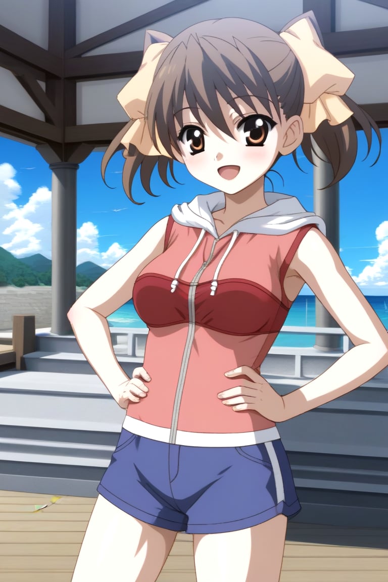 HD, 8k, highres, mantialiasing, Highly detailed, High Quality, masterpiece, beautiful, source_anime, BREAK sea lighthouse, stones near the coast,BREAK 1girl, solo, (feminine focus, young woman, 16 years old), Karen Katou, short hair, brown hair, brown eyes, ribbon, twintails, hair ribbon,BREAK hood, hoodie, sleeveless, short sneakers,BREAK looking_at_viewer, standing, hands on waist, happy, open_mouth, Focus breasts<lora:EMS-454882-EMS:1.000000>