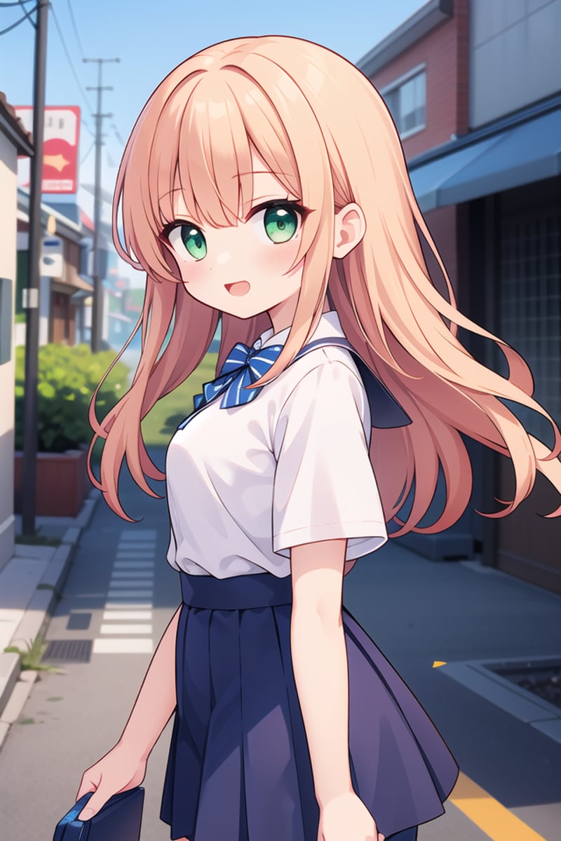 insanely detailed, absurdres, ultra-highres, ultra-detailed, best quality,1girl, solo, nice hands, perfect handsBREAKsummer school uniform, (plain dark blue skirt with many pleats:1.4), (striped indigo blue bowtie:1.3), short sleeves, white shirt, shirt with white button, shirt_tucked_inBREAK(breast pocket, vest, blazor, long sleeves, checked skirt, striped skirt, striped shirt, striped sleeves, bra visible through clothes, skirt with frill:-1)BREAK(nsfw:-1.5)BREAKsmile, open mouthBREAKfrom side,standing, cowboy shot, looking at viewerBREAKslender, kawaii, perfect symmetrical face, ultra cute girl, ultra cute face, ultra detailed eyes, ultra detailed hair, ultra cute, ultra beautifulBREAKin japanese street, cityscape in japan, depth of field, ultra detailed backgroundBREAKlarge breastsBREAKorange hair, green eyes, wavy hair,