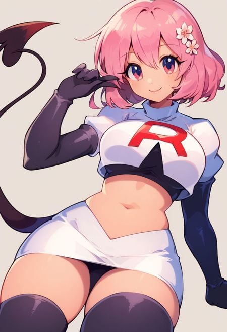 score_9, score_8_up, score_8, medium breasts, (curvy), cute, eyelashes, tlrmomo, pink hair, hair flower, demon tail,smile,Cosplay_TeamRocket, team rocket uniform, white jacket, cropped jacket, white skirt, elbow gloves, black thighhighs, zettai ryouiki,