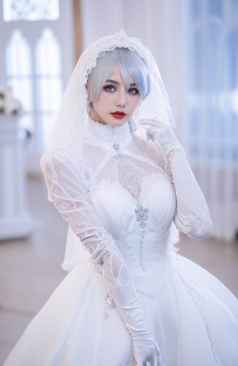 a young woman with striking blue eyes and silver hair. She is wearing a white bridal gown with intricate lace detailing. The gown has a high neckline and long sleeves. She is also wearing white gloves and a white veil that drapes over her shoulders. Her makeup is subtle, with emphasis on her red lips. The background is a blurry white interior, possibly a grand room or hall. The overall theme of the image is white, giving it a bridal or ethereal feel.