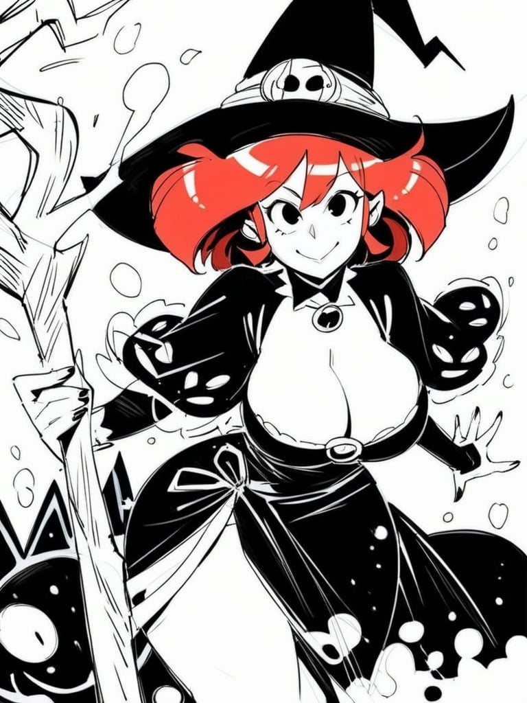 score_9, score_8_up, score_7_up, score_6_up, witch girl, gothic dress, hat, staff, magic particles, cleavage, red hair, evil smile ,curvy, huge breasts, narrow waist, wide hips, thick thighs, looking at viewer, dynamic angle, cowboy shot, dynamic pose, leaning forward, cauldron, green light, <lora:INKtoonXLP_Style:1> InkToon, monochrome, black eyes, simple white  background, cute, sketch, thin line, cartoon, splash art, concept art