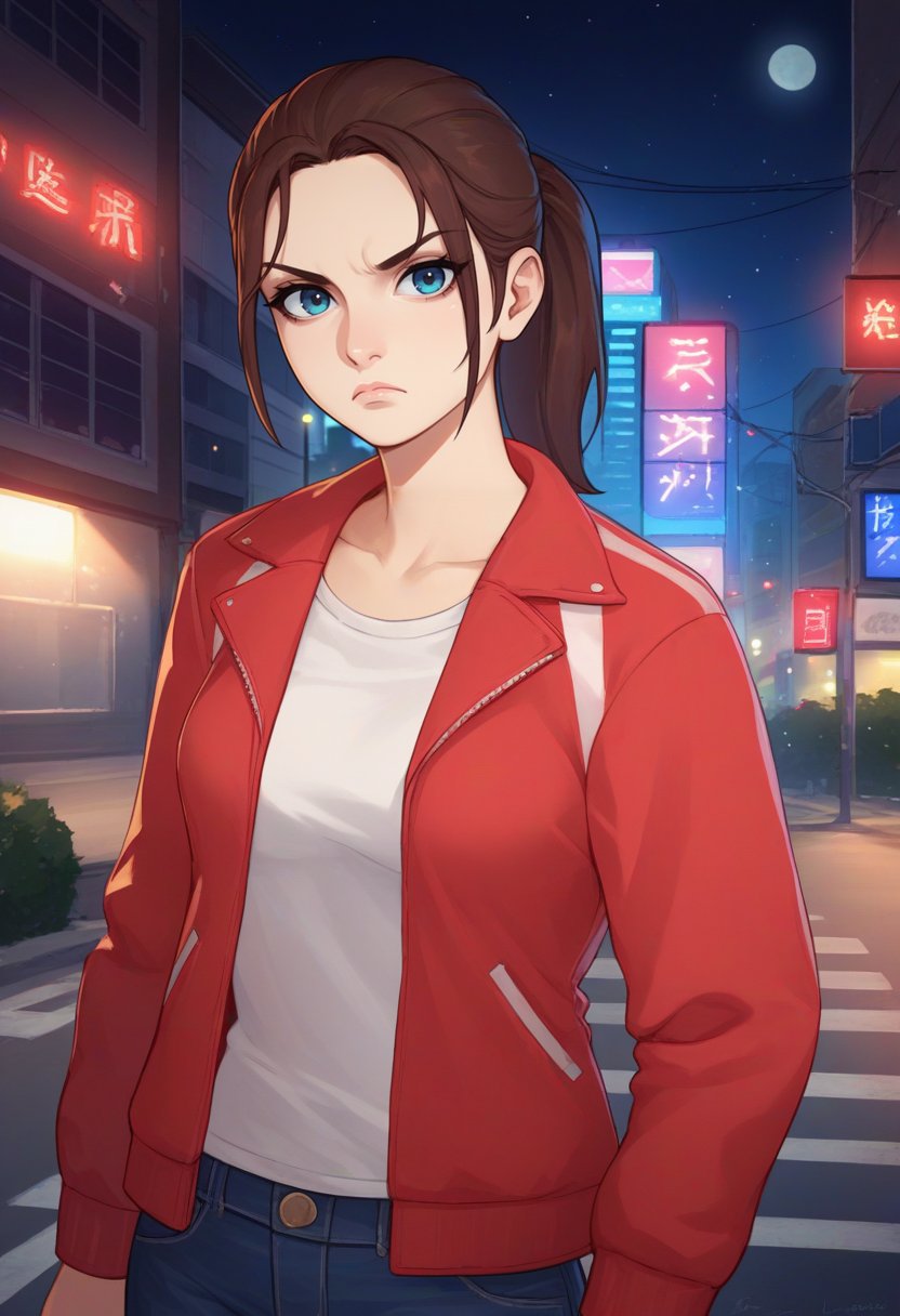 score_9, score_8_up, score_7_up, BREAK, source_anime, solo, 1girl, l4dzoey, serious, looking at viewer, standing, ponytail, red jacket, jeans, night, outdoors, city street, city lights <lora:l4d_zoey_ponyXL:1>