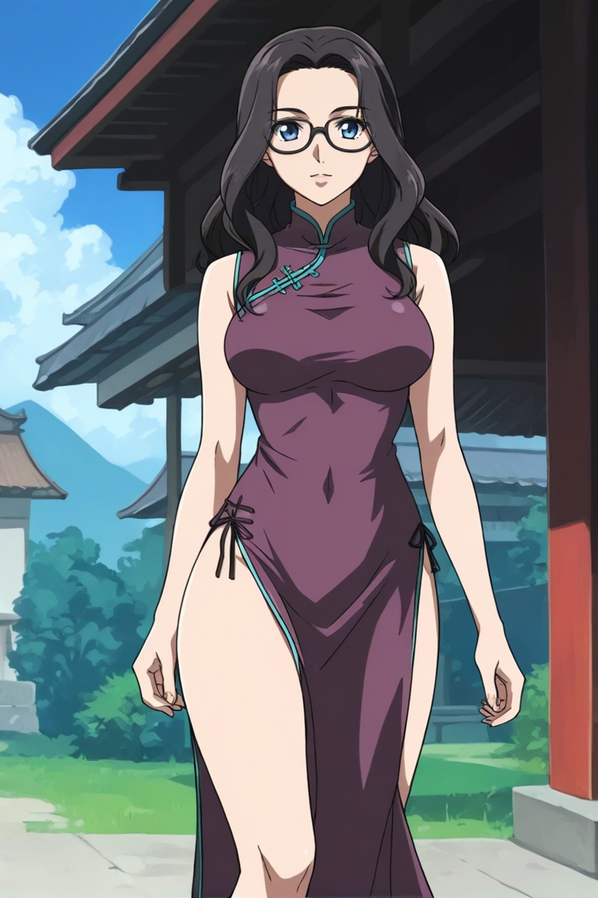 best quality,masterpiece,looking at viewer,absurdres,1girl,score_9,score_8_up,score_7_up,source_anime BREAK china dress, side slit, high slit, cross-laced slit,absolute field, thighs,east asian architecture,outdoor, sunny, natural light,<lora:019-天上天下-葛葉真鱼XLV1:0.8>,kuzunoha mana,black hair,glasses,long hair,blue eyes,breasts,