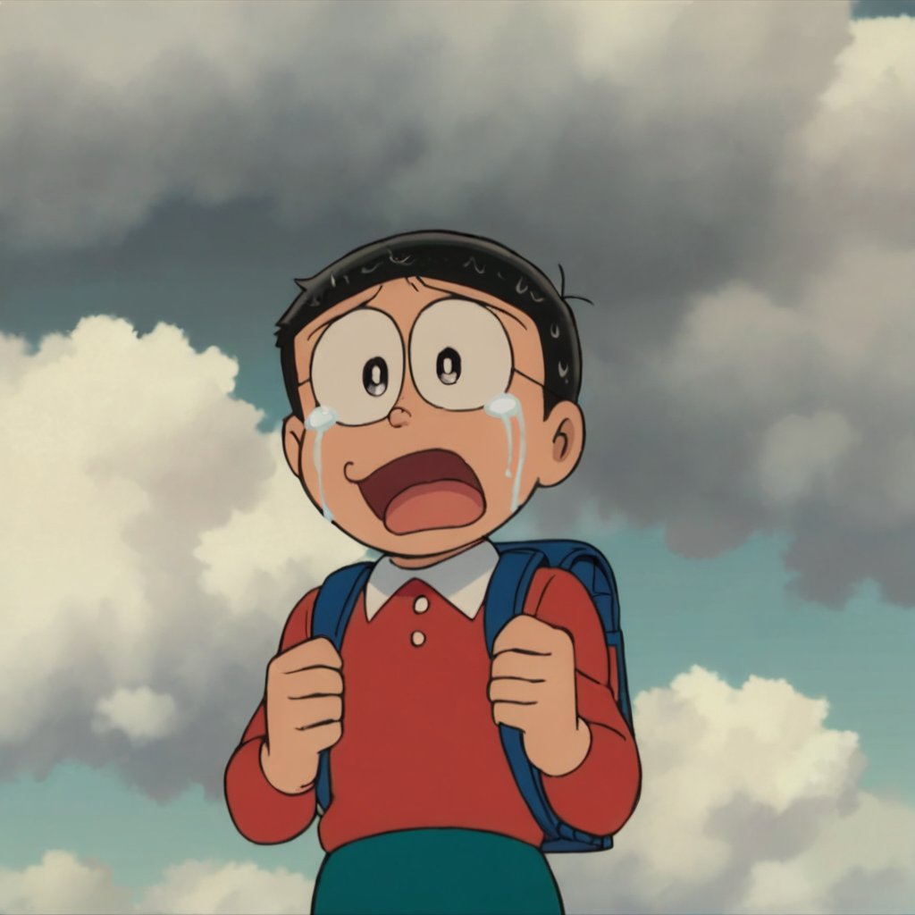 score_9, score_8_up, score_7_up, score_6_up, score_5_up, score_4_up, source_anime, nobi nobita, 1boy, male focus, solo, black hair, sky, cloud, open mouth, tears, backpack, blue sky, crying, day, upper body, black eyes, bag, red shirt, parody, shirt, outdoors, tearing up, masterpiece, best quality,<lora:minamoto shizuka and nobita pony:1>