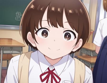 score_9, score_8_up, score_7_up, source_anime,chihirokobayashi, <lora:chihiro-kobayashi-s2-ponyxl-lora-nochekaiser:1>,chihiro kobayashi, short hair, brown hair, brown eyes,skirt, shirt, school uniform, pleated skirt, socks, white socks, white shirt, collared shirt, ribbon, red ribbon, short sleeves,indoors, classroom, bent over, smile,looking at viewer, cowboy shot, dutch angle,