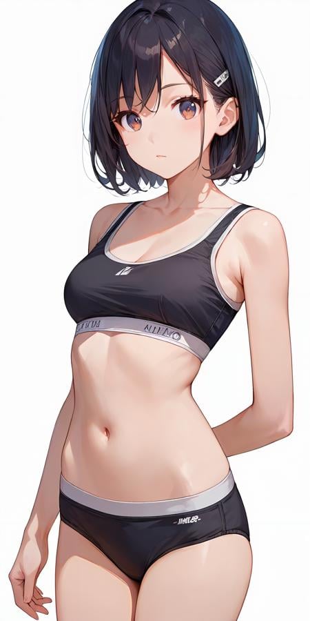 score_9, score_8_up, score_7_up,source_anime, high res image,masterpiece,best quality,girl,cowboy shot,cute face,simple background, <lora:jyojishitagi_SP_Pony_V1.0:0.5> jyojipan, panties, training bra,black underwear