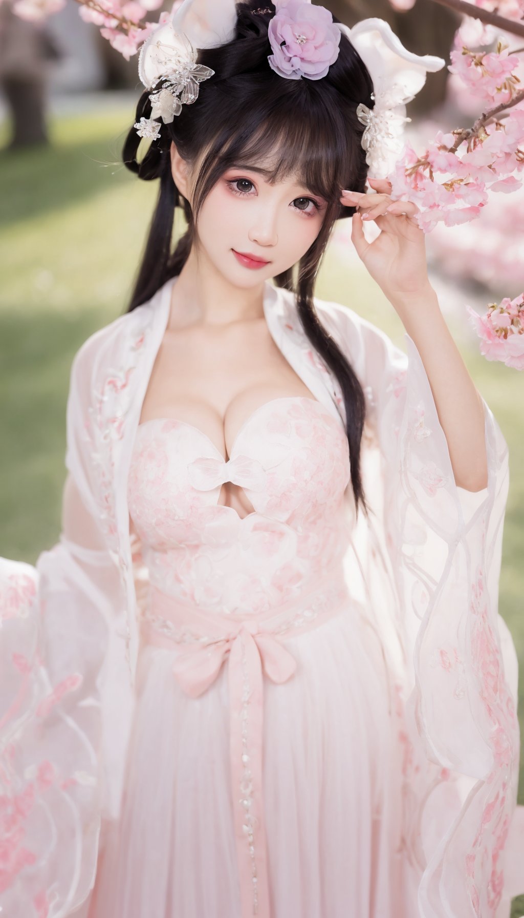 (1girl),ray tracing,(photorealistic:1.4),illustration.media of a hanfugirl,hanfu,make happy expressions,gorgeous,beautyfull detailed face and eyes,large breasts,beautyfull intricacy clothing decorative pattern details,colorful,wallpaper,Megapixel,highres,Intricate details,ultra detailed,8k,masterpiece,best quality,Cute,Sweet,Innocent,Playful,Girlish,Soft,Pastel,<lora:中国风仙气蝴蝶宋制汉服V1:0.8>,Lovely,Cheerful,Charming,Kawaii,Sparkling,Whimsical,Adorable,Dreamy,Delicate,(Pink)(Under the cherry tree),(cleavage:1.2),