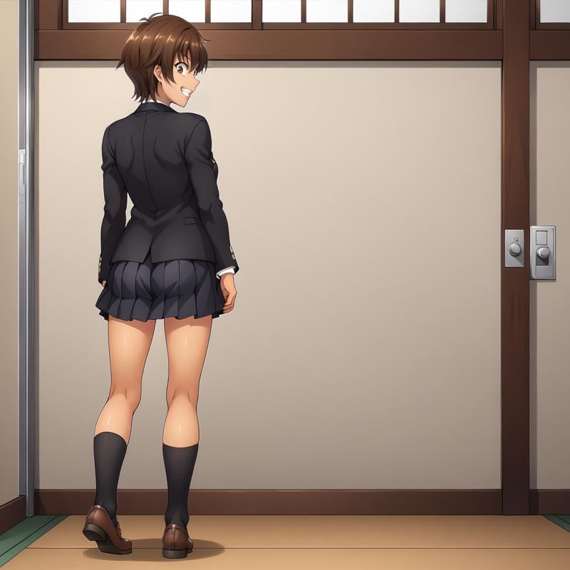 <lora:NagisaFujimaXLpony001>,grin,solo,NagisaFujima,1girl,brown hair,short hair,brown eyes,tan,school_uniform,black blazer,pleated_skirt,black skirt,black socks,full body,standing,looking back,