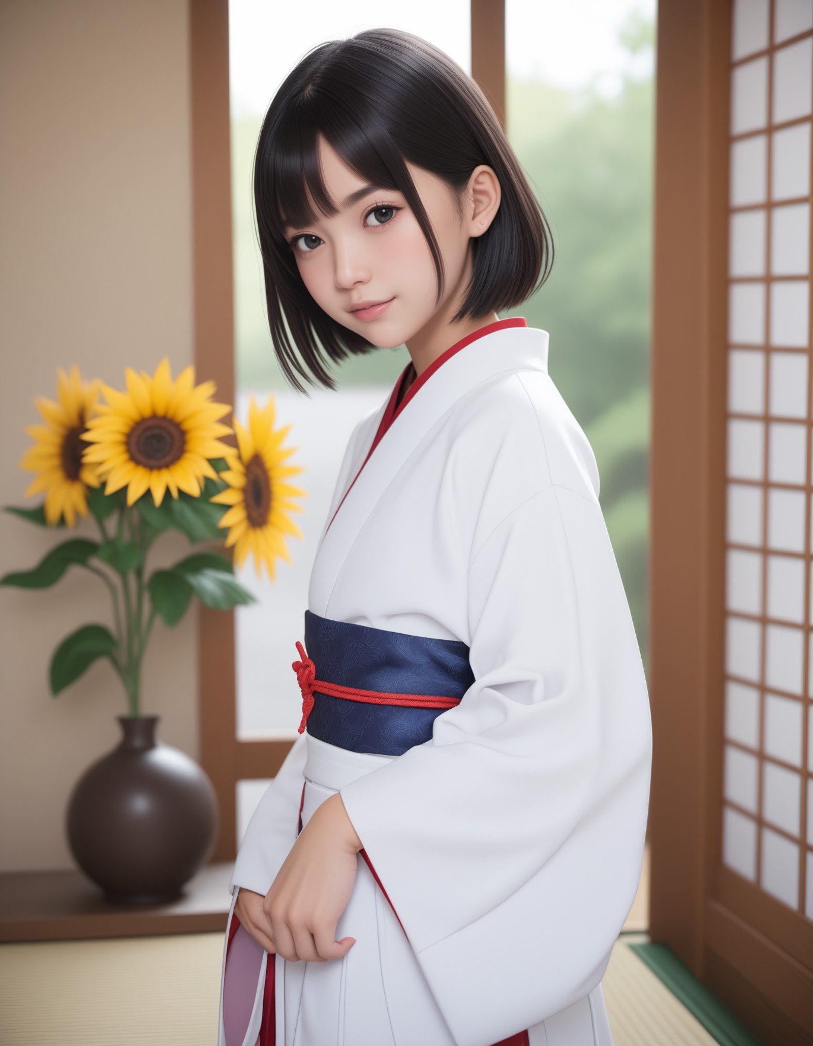 score_9, score_8_up, score_7_up, 1girl, solo,(Best quality,masterpiece,absurdres,ultra realistic:1.2),black hair,black eyes,bob hair,(flat chest:1.1),slender,(chinese:0.6),(japanese:1.2),(miko:1.3),shrine ,indoors, tatami,shouji ,zabuton,fusuma ,,Standing, pretending to hold a sunflower,(light smile:0.6),