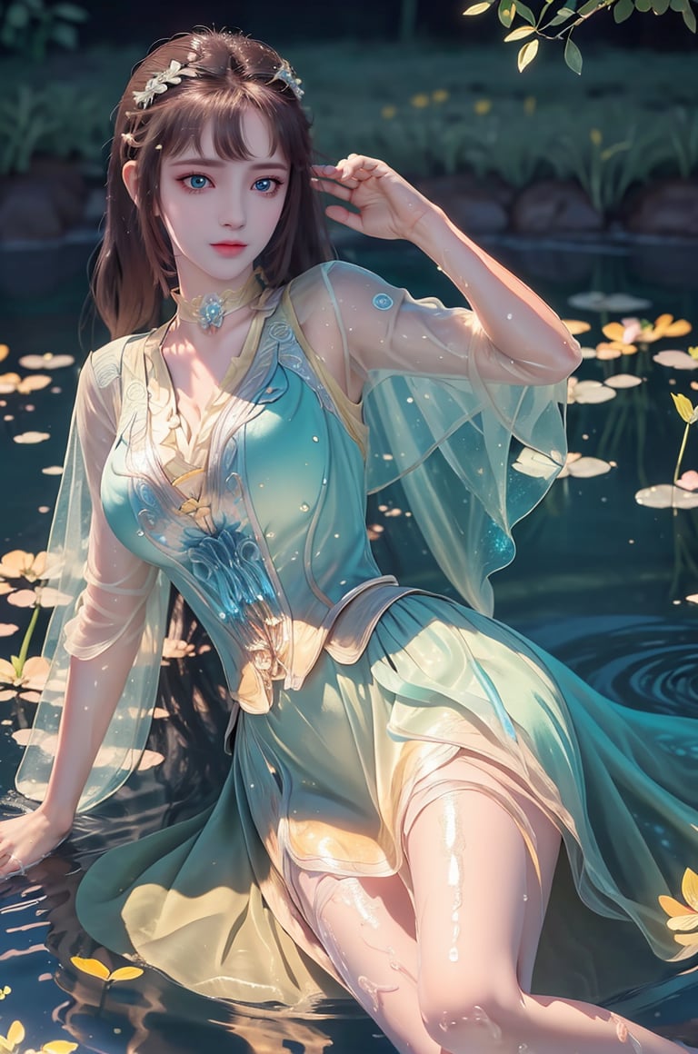 <lora:bioluminescent_dress-1.0:0.55>,beautiful woman wearing victorian style bioluminescent dress,masterpiece,8k,high resolution,shallow depth of field,sharp focus,cowboy_shot,<lora:syqiangk_sikongqianluo_2.1:0.65>,soft light,huge breasts,long_legs,<lora:jiyeon_v3:0.24>,(different pupil:1.3),outdoor,(lying on water:1.3),(see-through:1.2),spread legs,long hair,