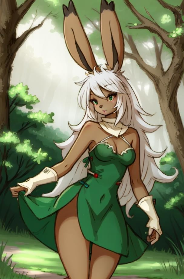 (anthro furry:1.2), VieraCzar, (viera, dark skin, brown eyes, long hair, green dress, slit dress), (forest), (masterpiece:1.2), hires, ultra-high resolution, 8K, high quality, (sharp focus:1.2), clean, crisp, cinematic, <lora:VieraFFTA-14:1>