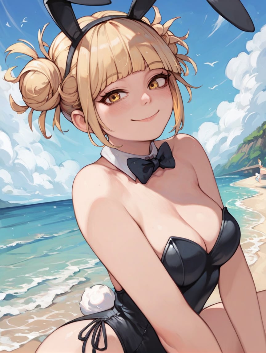 score_9, score_8_up, score_7_up, score_6_up,source_Anime, 1girl, h1m1k0t0g4, yellow eyes, blonde hair, short hair, blunt bangs, hair bun, messy hair, smile,  medium breast, playboy bunny, looking at viewer, beach,   <lora:HimikoTogaByJuninholara21:0.8>