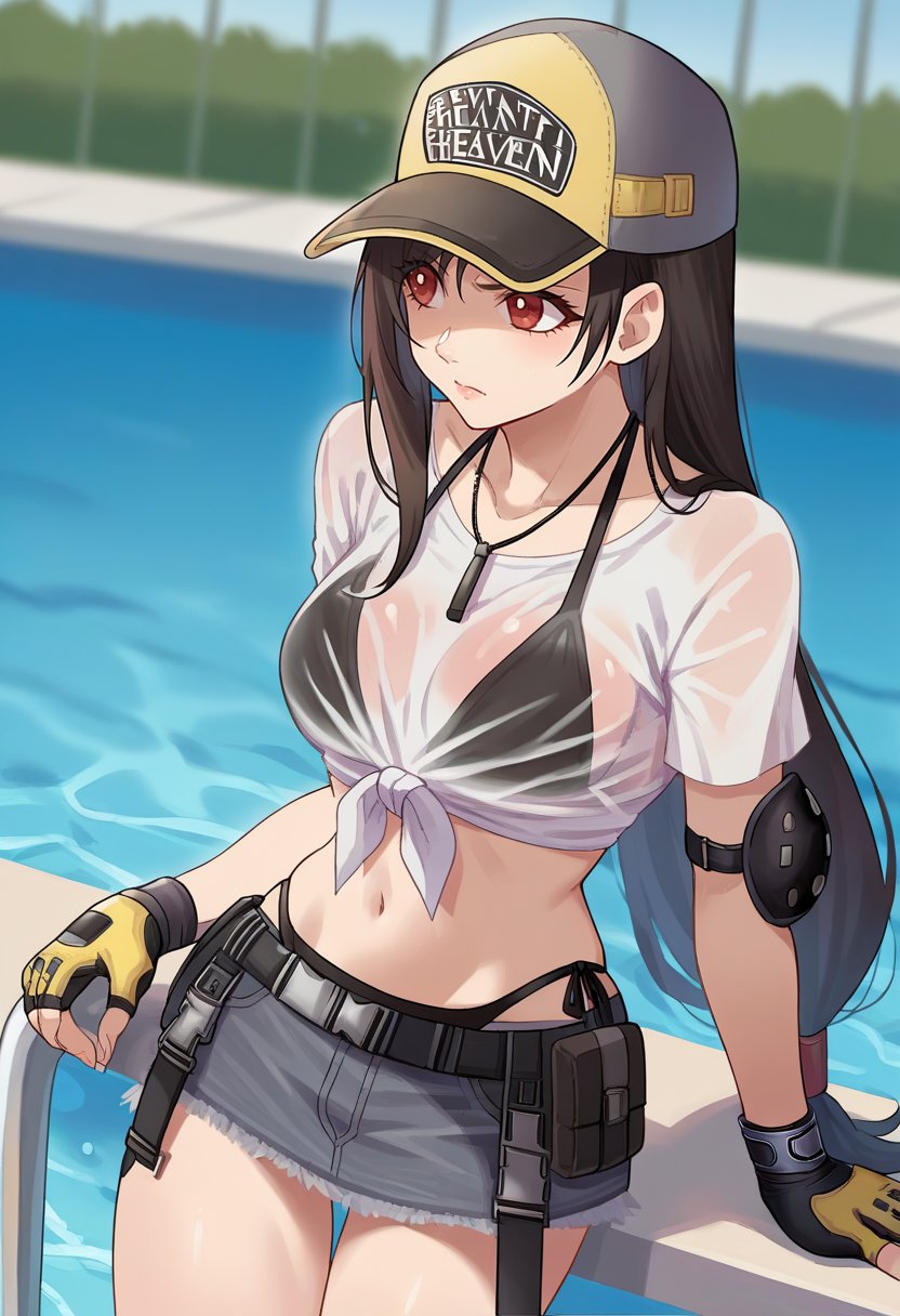 score_9, score_6_up, source_anime, 1girl, solo, pool, tifa_lifeguard, low-tied long hair, baseball cap, see-through shirt, tied shirt, bikini under clothes, black bikini, elbow pads, fingerless gloves, necklace, denim shorts <lora:tifaXL:1>