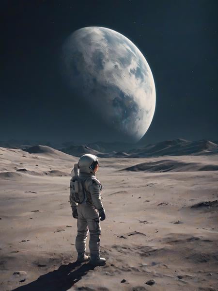 A somber portrait of an astronaut paying respects at a memorial for fallen astronauts on the moon, their silhouette standing against the stark lunar landscape, with Earth in the sky above.