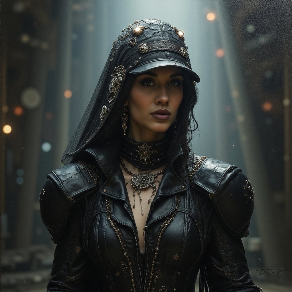 A detailed oil painting in the style of dark fantasy depicting a full body female space pirate Aziza of the Victorian era,...