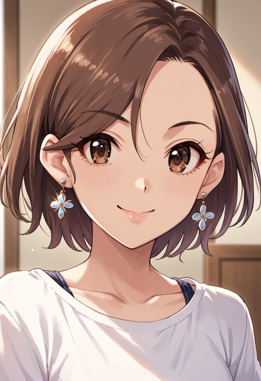 score_9, score_8_up, score_7_up, source_anime, mizuki seira, brown hair, brown eyes, short hair, 1girl, solo, jewelry, earrings, smile, looking at viewer, upper body, shirt, collarbone