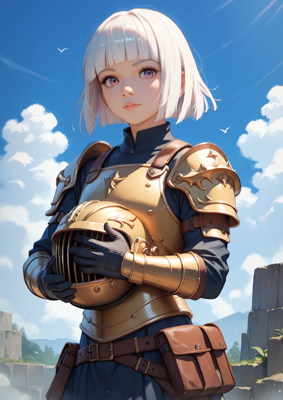 score_9,score_8_up,score_7_up,short hair,white hair,hime cut,1girl,solo,facing viewer,looking at viewer,girl in black warrior armor,posing proudly on the battlefield,holding a helmet in her hand,