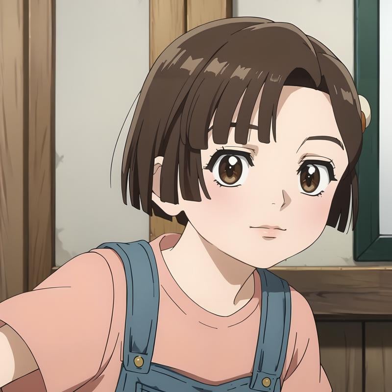 <lora:ISep4_TamakiMitamuraXLpony001>,close-up,looking at viewer,solo,KodomoTamaki,1girl,brown hair,short hair,hair_ornament,brown eyes,pink shirt,overalls,