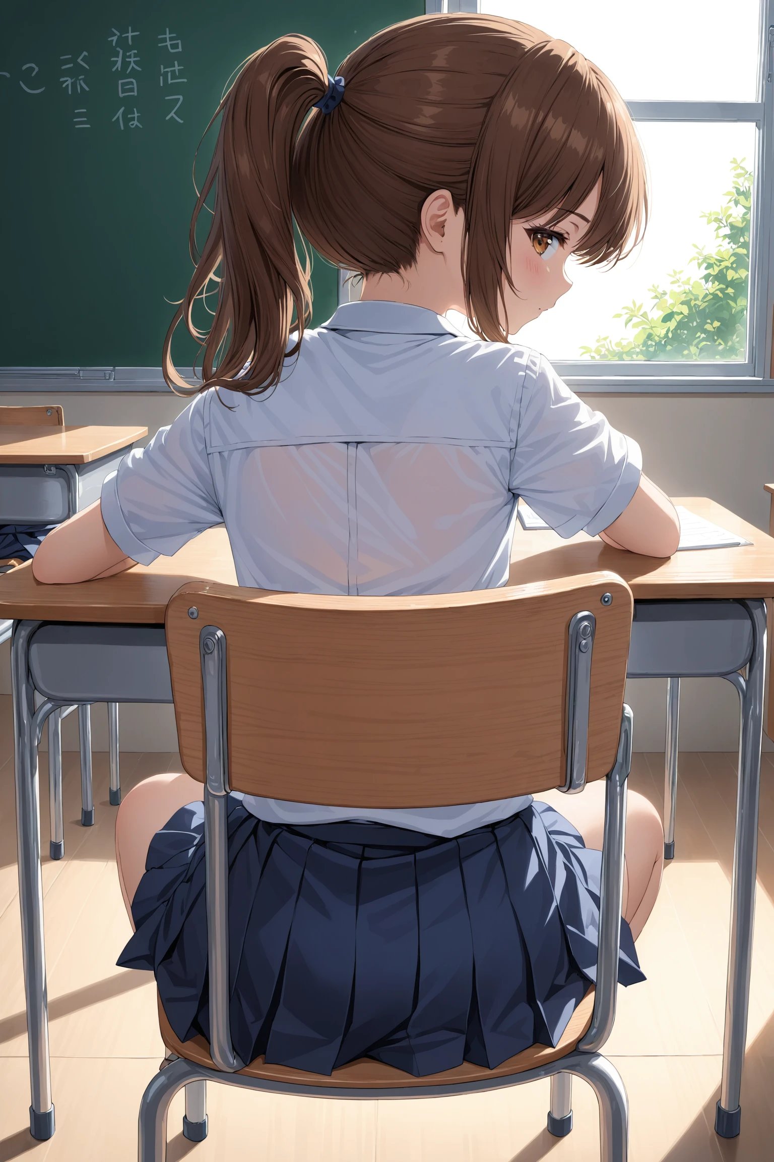 1girl, solo, brown hair, ponytail, school uniform, looking back, from behind, sitting on chair, desk, classroom, black board, transparent, masterpiece, best quality