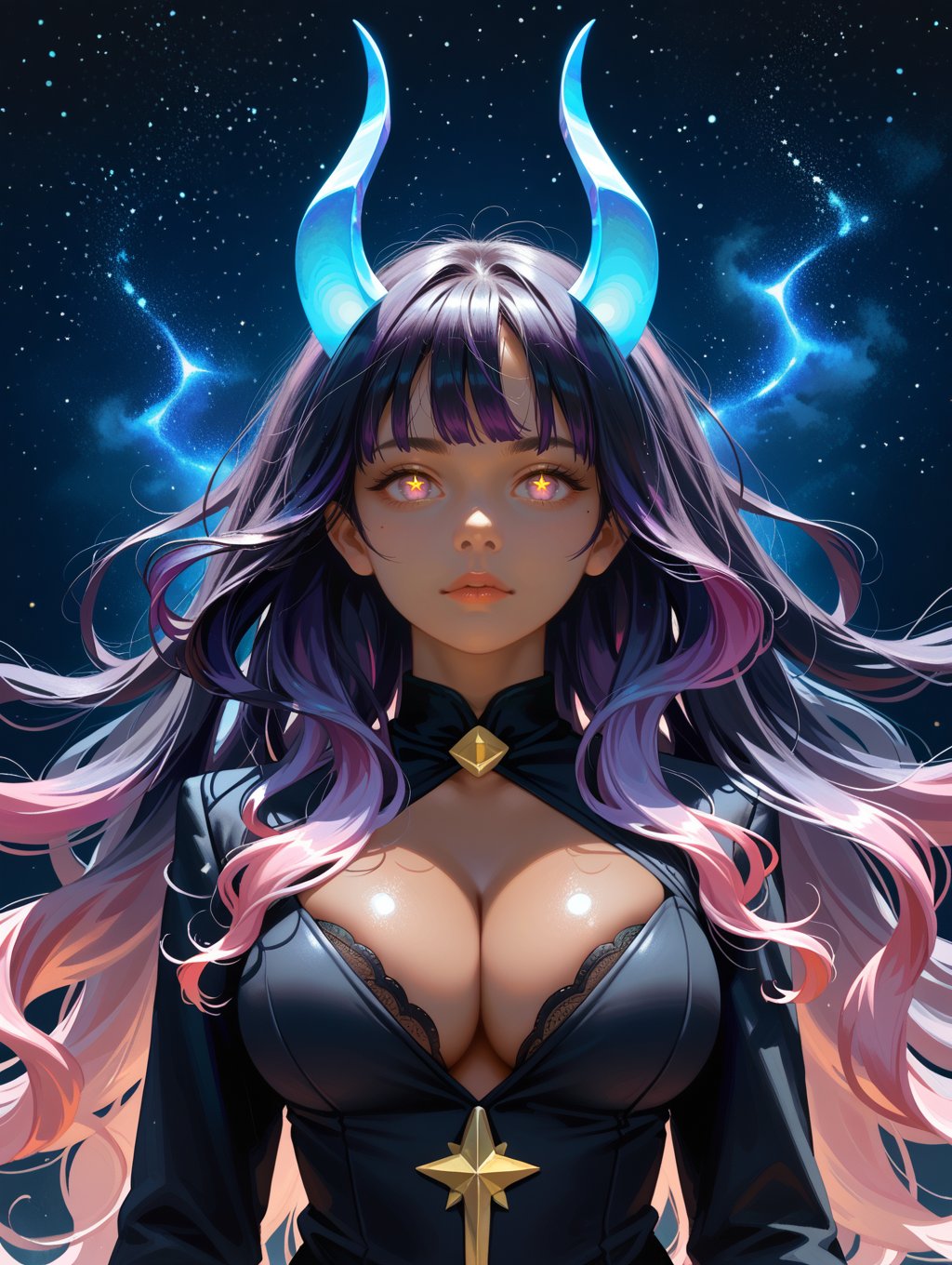 score_9, score_8_up, score_7_up,dark skin, black hair, yellow eyes, black suit, BREAK, zzDaedream, long floating hair, big hair, purple skin, 1girl, blue horns, glowing pink hair, starry sky, glowing, pink eyes, gradient hair, purple hair, starry hair, animal ears, long ears, BREAK, upper body, glowing eyes, contemplative expression, dark background, emotional depth, dramatic mood, serene atmosphere, cinematic lighting. perfectly round breasts, big breasts, firm breasts, SkinHairDetail, eye contact, looking at viewer, cowboy shot,