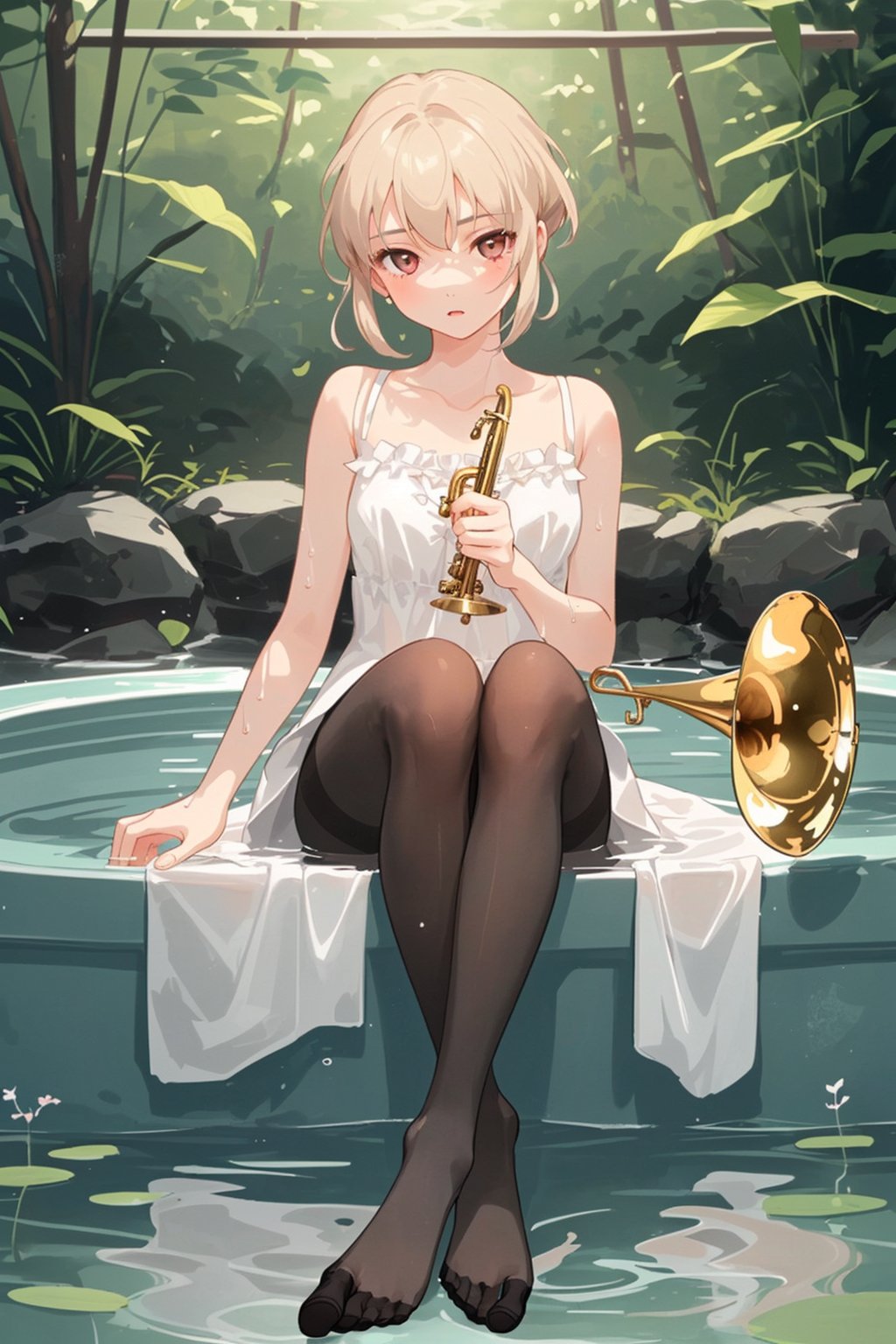 (extremely delicate and beautiful:1.5),1 Girl,sitting in water,Foot washing,Pantyhose,No shoes,trumpet,