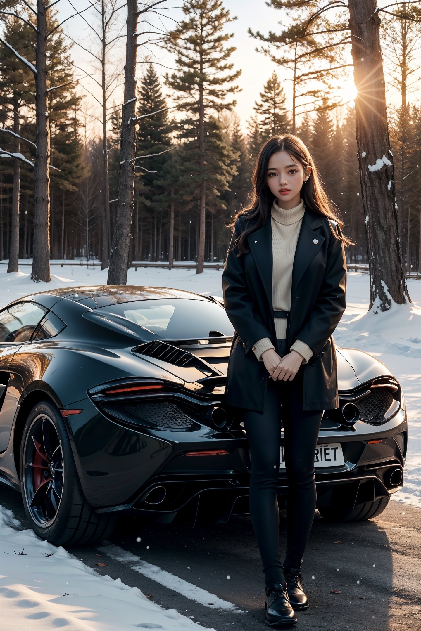 1girl standing next to a McLaren,autumn forest, sunset, leaves falling, first snow,