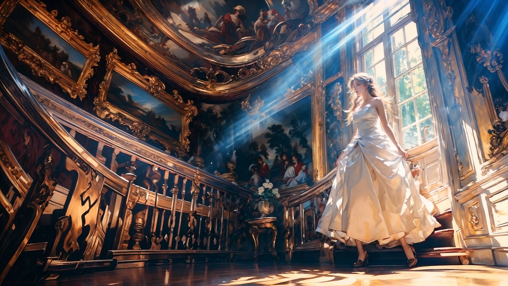 (wide shot, wide-angle lens,Panoramic:1.2),super vista, super wide Angle，Low Angle shooting, super wide lens,Rococo style，solo, bare shoulders，strapless dress，sunbeam，sunlight，medium breasts,curtains，tree，light rays，reflection，long hair，stairs，<lora:绪儿-洛可可油画风 Rococo style:1>