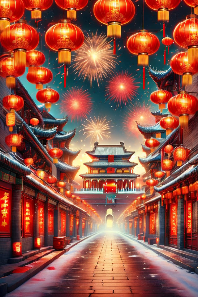 A picture of the background of the Chinese New Year, with lanterns, fireworks, and oriental buildings.,xinnian