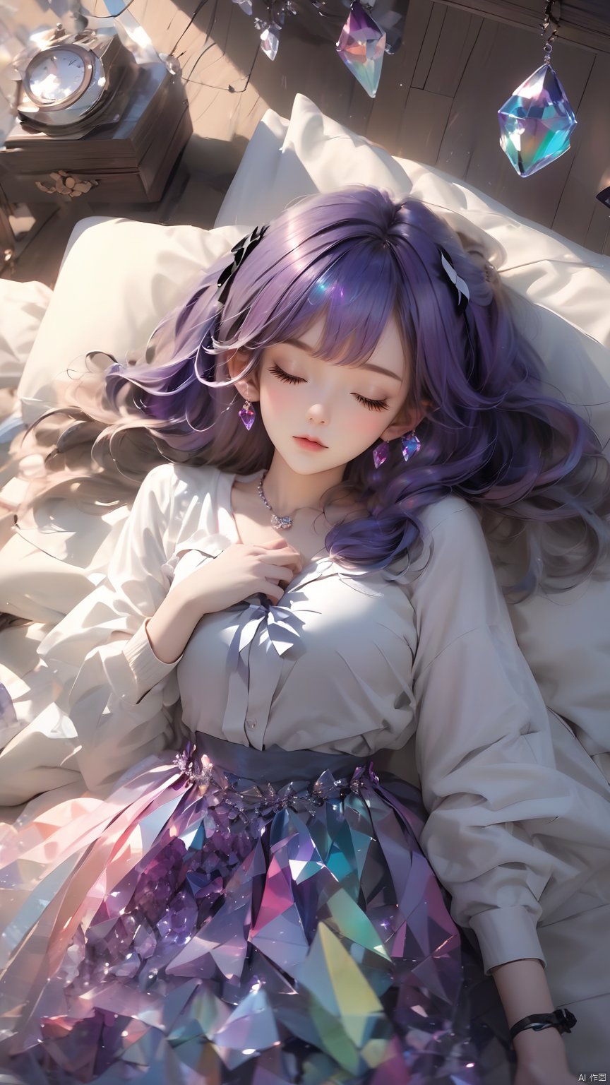 (masterpiece, best quali),1girl, solo, lying, on back, cellphone, closed eyes, bow, pillow, socks, hair ornament, pleated skirt, sleeping, earphones, on bed, indoors, long hair, bowtie, blush, bed, hairclip, black socks, long sleeves, earbuds, breasts, wooden floor, from above, hair ornament, gradient hair,nahida (genshin impact),Crystal Girl, Colorful crystal decoration,Crystal necklace,Crystal on the body,Floating Colorful Crystal,Purple gradient hair,1girl, hand<lora:EMS-302898-EMS:0.600000>, <lora:EMS-303786-EMS:0.600000>, <lora:EMS-300702-EMS:0.600000>