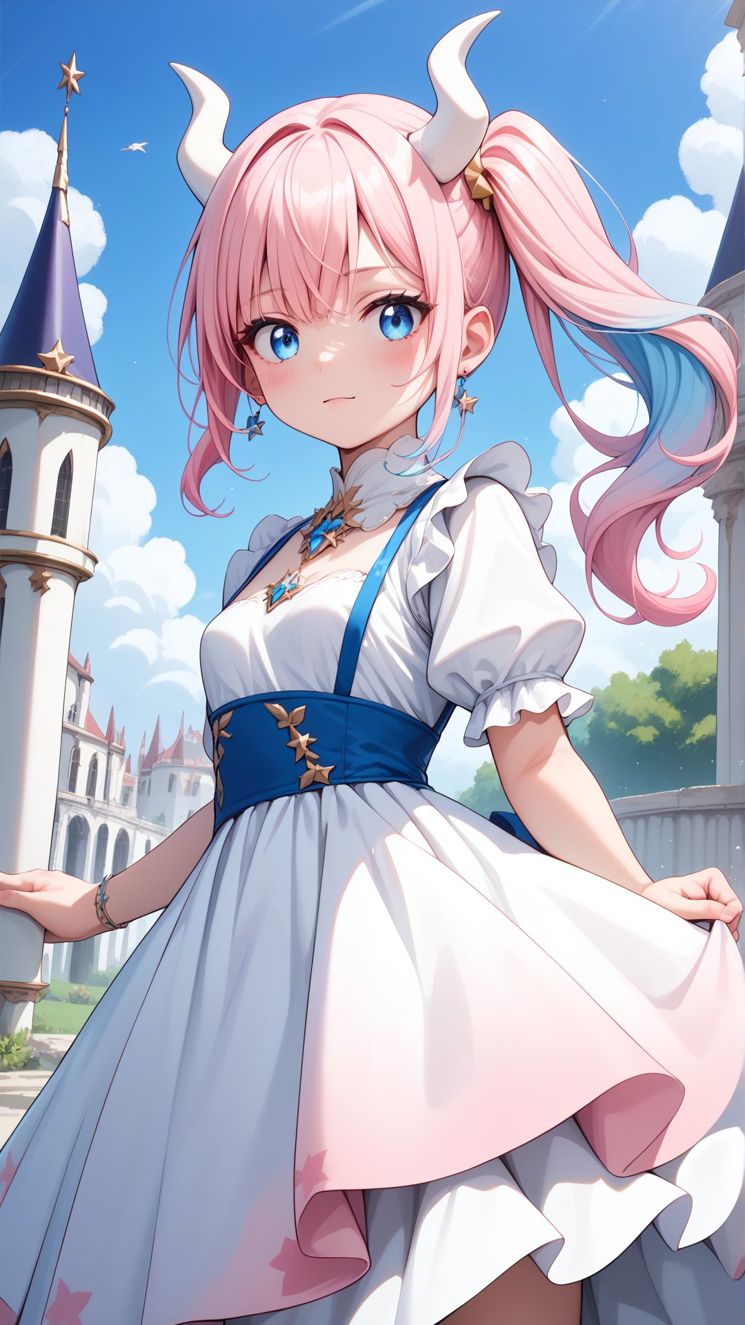 Score_9, score_8_up, score_7_up, masterpiece, best quality, 1girl, (Pink hair:1.1), blue eyes, Gradient hair, White horns, (light blue hair tips:0.9), Side ponytail, (small breasts:0.9), <lora:yuta-chernobaeva-pxl:0.7>, yuta-chernobaeva-pxl, Dress