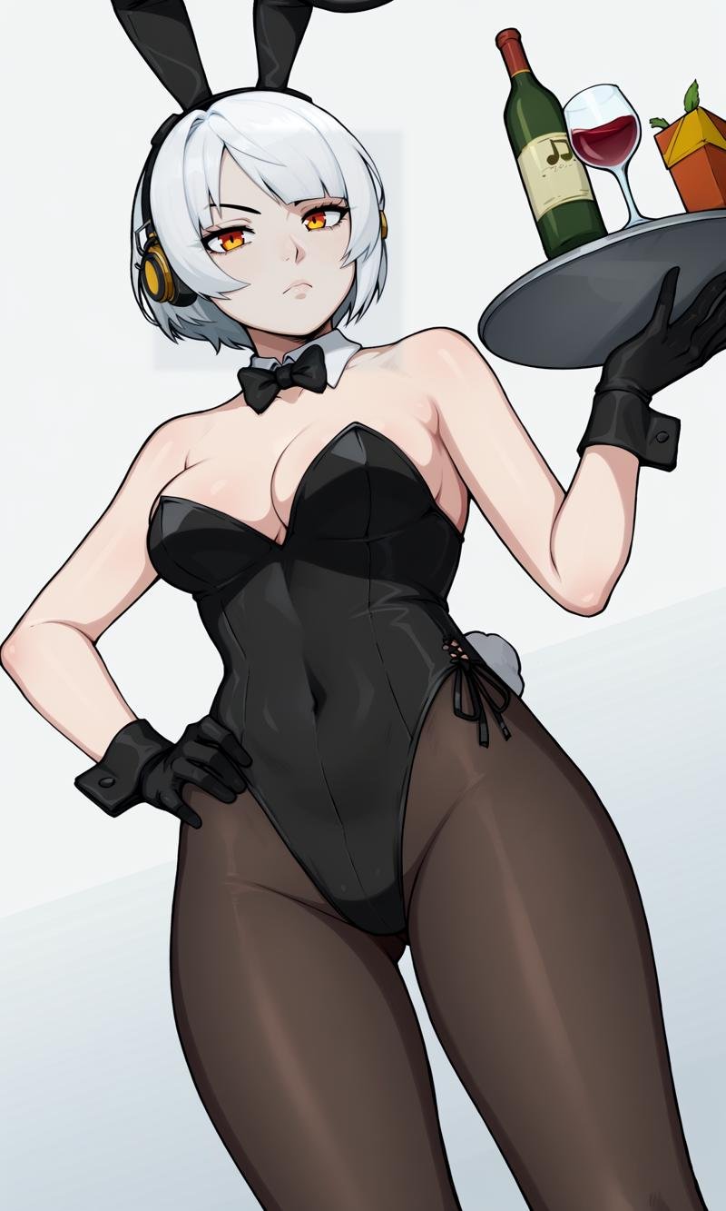 score_9, score_7_up, BREAK dutch angle, 1girl, <lora:Anby_Demara-zzz-LoRA-v1:1> anby, short hair, white hair, orange eyes, headphones, playboy bunny, strapless leotard, medium breasts, cleavage, detached collar, wrist cuffs, black gloves, black pantyhose, standing, contrapposto, holding tray, wine bottle, hand on own hip, expressionless, looking at viewer, white background, <lora:Afrobull-Style-LoRA:1> 