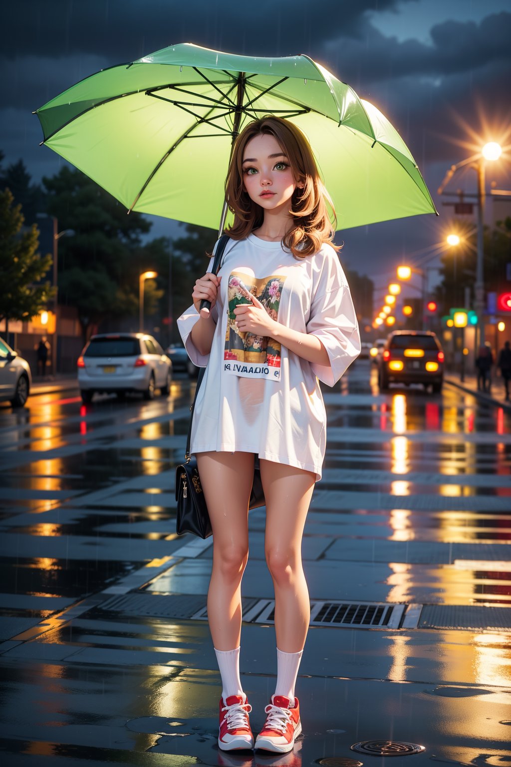 (full body shot) 22 year old woman,(standing in the rain holding umbrella),long golden brown hair,green eyes,((wearing an oversized shirt, socks with high--tops)),(best quality, masterpiece:1.2),(photo-realistic),cute,cityscape,night,lots of rain,wet,