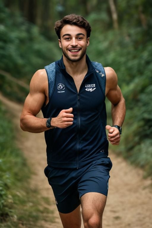 Detailed picture of jules bouyer a man ,  jogging in the hiking trail wearing Superdry sportswear vest and shorts,  gorgeo...