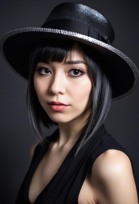 A woman wearing a hat poses for a picture, in the style of oshare kei, black, wide lens, shiny/ glossy, solapunk, dark silver, rim light